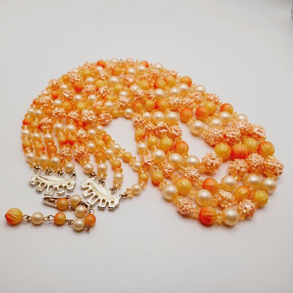 Vintage Hong Kong Lucite Necklace 4-Strand 22" Orange Peach Multi Bead - Picture 11 of 11